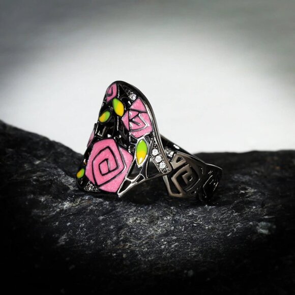 Ring jewelry rose flower pink black Beauty and the Beast 925 silver new - Picture 5 of 5